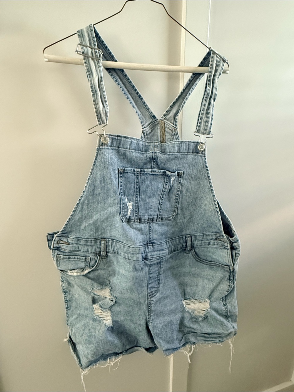 Maurices Light Blue Denim Distressed Shorts Overalls Size XL